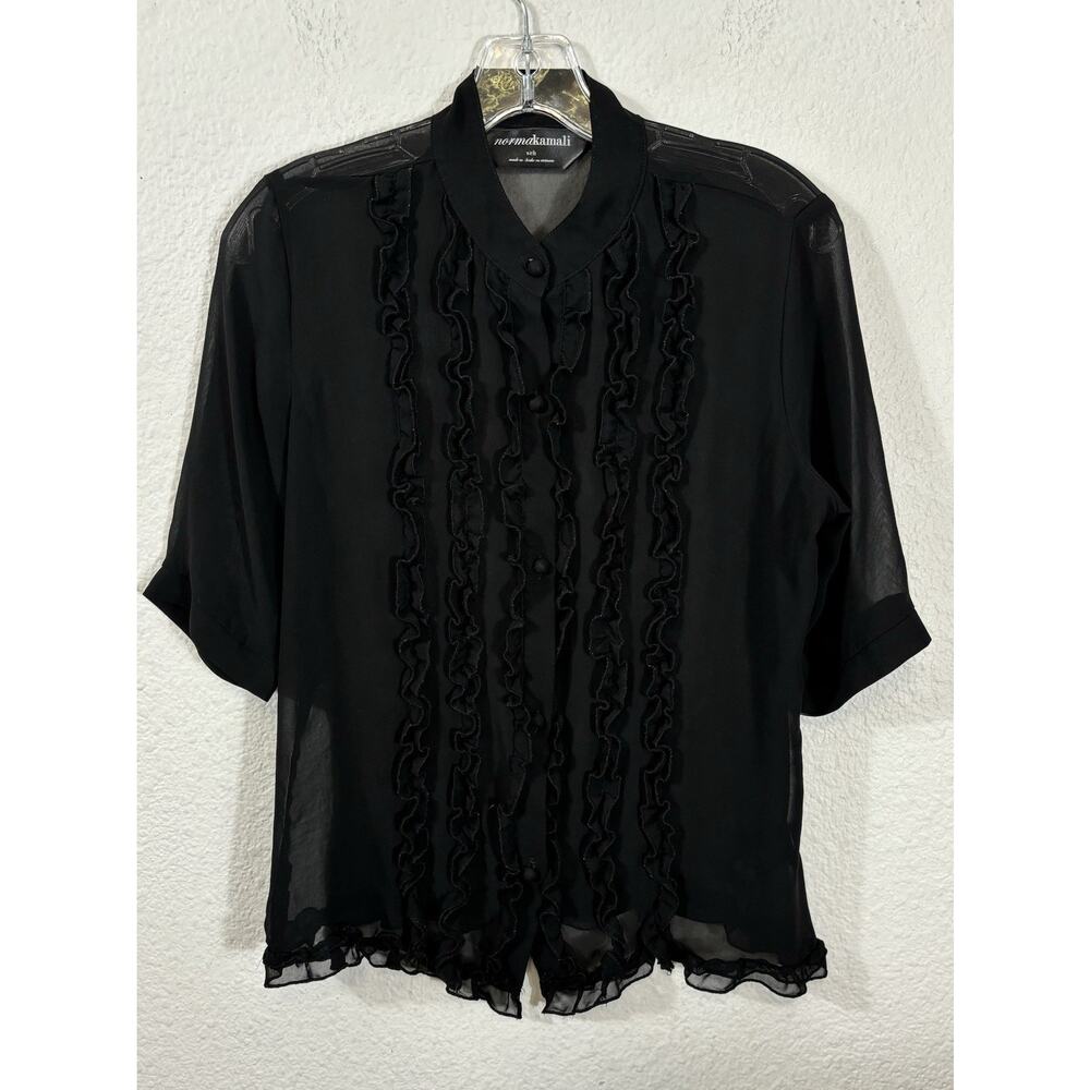 Norma Kamali Sheer Blouse Size S Black‎ Ruffled Short Sleeve Polyester